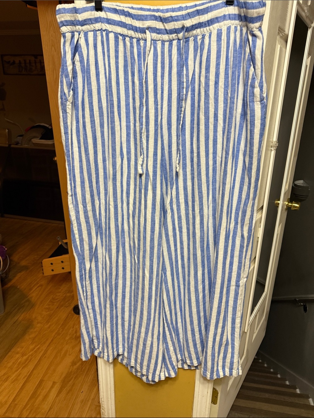 Ava & Viv 1X Blue White Striped Linen Blend Wide Leg Pants